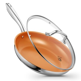 KOCH SYSTEME CS Nonstick Stainless Steel Pan with Lid 8 Inch, 8" Stainless Steel Skillet with Nonstick Ceramic Coating, Small Skillet with Lid, Induction Compatible, Copper