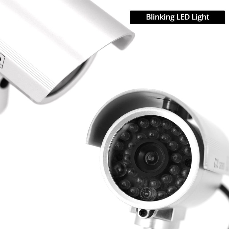 QWORK® 2 Pack Silver Dummy Security Cameras with Red Flashing