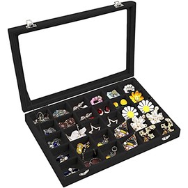 Wudygirl Clear Lid 30 Grid Jewelry Organizer Tray Stackable Jewelry Storage Case Display Rings,Earrings,Necklace,Black Velvet (30 Grid)