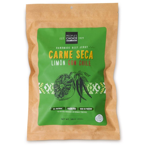 People's Choice Beef Jerky - Carne Seca - Limón Con Chile - Healthy, Sugar Free, Zero Carb, Gluten Free, Keto Friendly, High Protein Meat Snack - Dry Texture - 1 Pound, 16 oz - 1 Bag