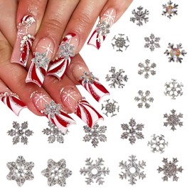20Pcs Christmas Nail Charms for Nails, Silver Snowflake Nail Rhinestones Alloy Design Xmas Nail Gems Luxury Nail Crystal Diamond for Acrylic Nails DIY Women Girls Christmas Nail Art Accessories