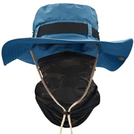 ehsbuy Sun Hat Men's UPF 50+ Safari Hat Summer Hat Wide Brim Camo Hiking Hat Army Boonie Hat with Cooling Multifunctional Scarf Tube Scarf Outdoor Fishing Hat, Solid Blue