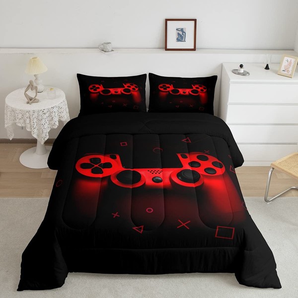 Boys Gamer Comforter Set Twin Size,Gamepad Bedding Set Kids Young Man Video Games Down Comforter for Teen Child Game Room Decor Black Red Classic Retro Gaming Quilted Duvet Set with Pillowcase