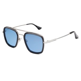 SOJOS Retro Square Polarized Sunglasses for Men Women Goggle Classic Alloy Frame HERO SJ1126 with Silver Frame/Black Rim/Blue Lens