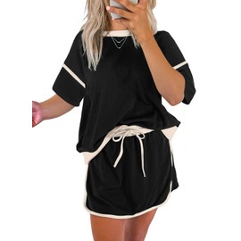EVALESS 2 Piece Sets for Women Summer Skirt Outfits Casual Short Sleeve Pullover Tops Matching High Waisted Drawstring Mini Skirts 2025 Fashion Tracksuit Lounge Set Comfy Clothing Black X-Large