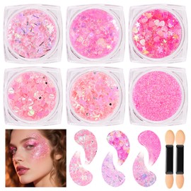 DAGEDA Face Glitter Gel, Pink Body and Hair Glitter Gel Mermaid Makeup, 6 Shapes Sparkly Sequins for Women Kids, Singer Concert Festival Party Rave Accessories Holographic Glitter Gel 01