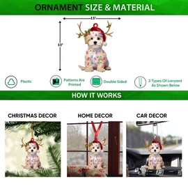 Talataca Maltipoo 2D Flat Christmas Ornament, Maltese Poodle Christmas Hat Reindeer String Lights Pine Tree Decor, Hanging House Charm Eve Keepsake, Car Rear View Mirror Accessories, Xmas Gift