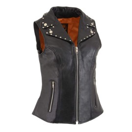 Milwaukee Leather MLL4503 Women's Black V-Neck Leather Classic Motorcycle Rider Vest w/Riveted Lapel Collar - Large