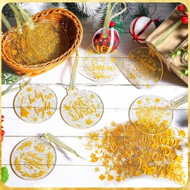 Blosssound 24 Sets Acrylic Christmas Tree Ornaments DIY Christmas Craft Kits Acrylic Xmas Ball Hanging Decorations with Stickers Gold Ribbons for Classroom Activities Winter Holiday Party Favors