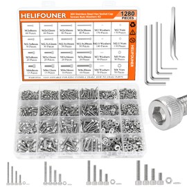 HELIFOUNER 1280 Pieces M2 M2.5 M3 M4 304 Stainless Steel Hex Socket Cap Metric Screws Bolts Washers Nuts Hardware Assortment Kit with Hex Wrenches