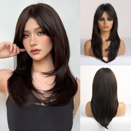 HAIRCUBE Long Layered Synthetic Hair Wigs for Women with Bang (Black Brown)