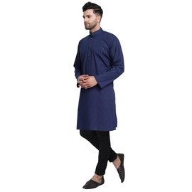 In-Sattva Men's Indian Banded Classic Collar Pure Cotton Long Kurta Tunic; Navy; LG