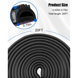 D Shape Weather Stripping Door Seal, 20Ft Soundproof Rubber Weather Seal Strip for RV Marine Boat Garage Door Window, 0.75 Inch Width, 0.425 Inch Height
