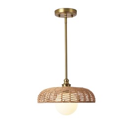 Boho Pendant Lights Fixtures for Kitchen Island, Rattan Chandelier Wicker Pendant Lights with Goble Glass Milk Shade, Farmhouse Woven Pendant Light for Living Room Kitchen Island (Bulb Include)
