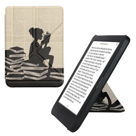 kwmobile Origami Case Compatible with Kobo Clara BW/Colour - Case Slim Premium PU Leather Cover with Stand - Girl and Books Black/Beige