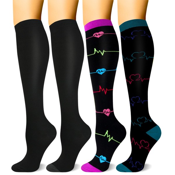 HLTPRO 4 pares de calcetines de compresión para mujeres y hombres, el mejor apoyo para médicos, circulación, enfermeras, correr, viajes, Negro-negro-azul-púrpura-p, S-M