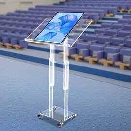 Rolling Acrylic Podium Stand Adjustable Podium Lectern Stand with Lockable Wheels Clear Mobile Lecterns Pulpits for Churches Classroom Speech Concert, Angle and Height Adjustable (Clear)