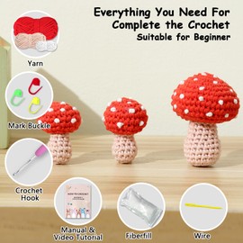 Ktmeor Crochet Kit for Beginners,Crochet Starter Kit for Beginners Adults and Teens with Step-by-Step Video Tutorials,DIY Knitting Supplies with Easy Yarn & 20% Extra Practice Yarn-Mushroom