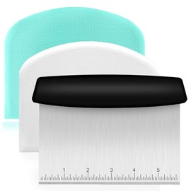 Ecavria Raspador de banco, raspador de masa de acero inoxidable de alta calidad con 2 raspadores flexibles de tazón, cortador de masa con escala de me