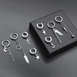 Thokono 8/12 Pieces Hoop Dangle Earrings Stainless Steel Dangle Foldable Hoop Earrings Long Chain Pendant Kpop Earrings Hoop Earrings Hanging Earrings with Chain Punk Gothic Cross Kpop Earrings Long