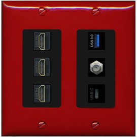 RiteAV 3 HDMI USB3 USBC Coax Wall Plate - 2 Gang [Red/Black]