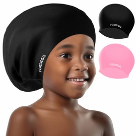 2 Pack Extra Large Swim Cap Kids - Kids Swim Cap for Long Hair/Short Hair, Swim Cap for Braids and Dreadlocks - Silicone Swim Caps for Girls&Boys, Swimming Cap for Kids 6-14, Keep Hair Dry(Black+Pink)