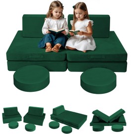 MeMoreCool 8-Piece Modular Kids Play Couch Sofa – Green Convertible Toddler Couch for Playroom, Fold-Out Foam Baby Couch Play Set