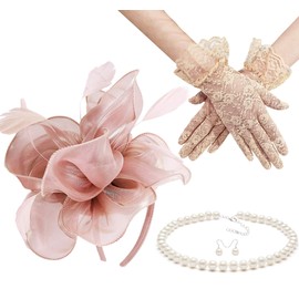Gionforsy Kentucky Derby Hat Fascinator Veil Fascinator Headband Lace Gloves Imitation Pearl Necklace Earrings Feather Pillbox Fascinator for Wedding Tea Party (Style 6-Pink)