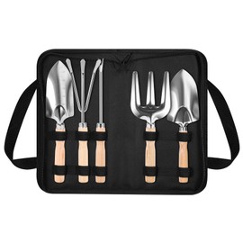 Keilend 5-Piece Garden Tool Set for Men & Women - Heavy Duty Stainless Steel Hand Tools with Wooden Handles | Trowel, Weeder, Cultivator for Digging, Planting, Potting | Includes Storage Bag