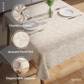 Encasa 4 Seater Dining Table Cloth 145 cm-Round (57 in-Round) I Floral Jacquard Style Print on Chambray Homespun Cotton I for Family Gatherings, Parties I Washable