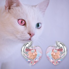 Cat Earrings Sterling Silver Cute Cat Studs Earrings with Pink Heart Crystals from Austria, Cat Jewelry Gifts for Girls Women Cat Lover