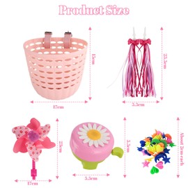 Kids Bike Basket Set - Pink Bicycle Basket with 2 Pairs of Adjustable Straps, Easy-Install Detachable Girls' Bicycle Accessories, Includes Bike Bell Windmill Bowknot Streamers