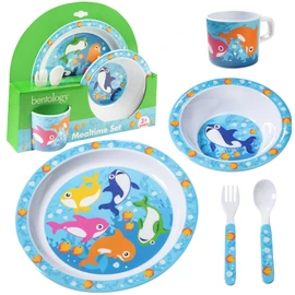5 Pc Mealtime Feeding Set for Kids and Toddlers - Shark - Includes Plate, Bowl, Cup, Fork and Spoon Utensil Flatware - Durable, Dishwasher Safe, BPA Free - Gift for Parents