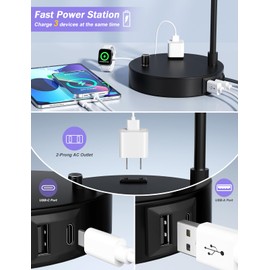 Side Table Lamp with USB Port and Outlet, Dimmable Nightstand Bedside Lamps with Linen Lampshade, Desk Lamp for Bedroom, Living Room, Guest Room, Home Office, LED Bulb Included