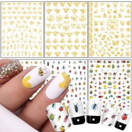 Vezocim Cute Honeybee Nail Art Stickers, 3D Little Animal Self-Adhesive Sticker Cartoon Bee Nail Art Decals Holographic Gold Bee Nail Decal Design for Women Girls Manicure Decoration DIY Nail Sticker Supplies