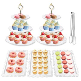 Auysbytdd 6 Pieces Cupcake Stand Set with 2 x Large 3 Tier Cupcake Stands, 3 x Appetizer Trays, 1x Tongs, Dessert Table Display Set for Wedding Birthday Baby Shower Tea Party (Round)