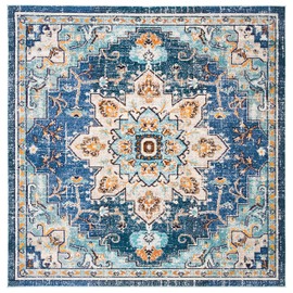 SAFAVIEH Madison Collection Area Rug - 8' Square, Blue & Light Blue, Boho Chic Distressed Medallion Design, Non-Shedding & Easy to Clean, Ideal for Living Room, Bedroom, Dining Space (MAD473M)
