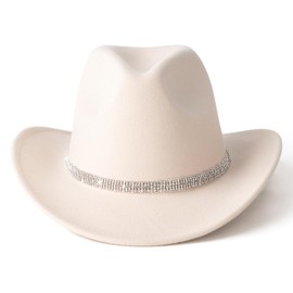 Lisianthus Women's Western Cowboy Hat Glitter Rhinestone Wide Brim Cowgirl Hat Diamond & Bead Beige