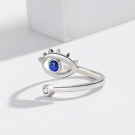 HMOOY Evil Eye Open Ring, Blue Cubic Zirconia, Stackable, Adjustable, Women's Ring for Protection