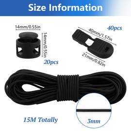 Elastische Gummischnur, 3 mm x 15 m Gummiseil mit 20 Stück Kordelstopper 2 Loch, 40 Stück Kordelendschloss, Rund Gummikordel Gummiband Schwarz für Rucksack Bekleid Wäscheleinen Schmuck