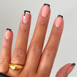 Christmas Press on Nails Medium Square MABKJLF Black French Tip Winter False Nails with Designs Black & White Christmas Hat Full Cover Glossy Glue on Nails Xmas Acrylic Nails for Women Girls 24 Pcs