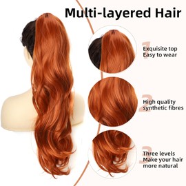 PORSMEER 66 cm Straight Ponytail Hair Extensions, Drawstring Ponytail Hair Extensions, Long Natural Wavy Synthetic Hairpiece for Women, Daily Use (Ginger)