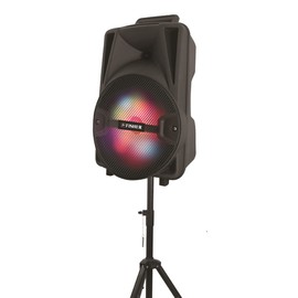 Fisher Portable Bluetooth Wireless Speaker System: 8" Subwoofer 20W Peak Power w Loud HD Bass Sound & LED Lights, Rechargeable, Karaoke, TWS Pairing, USB Port, FM Radio, Speaker Stand