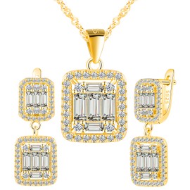 Yumilok Geometric Square Micro Pave Cubic Zirconia Stud Earrings Hoop Earrings Women's Earrings Silver 925 Chain Set Women's Necklace with Pendant, Silver