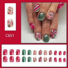 Christmas Press on Nails Short Square Fake Nails With Snowflake Christmas Tree Designs Xmas Red Green Glitter False Nails Full Cover Stick on Nails Winter Acrylic Artificial Nails for Women 24 Pcs