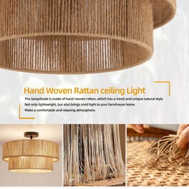 Fenluster Boho Semi Flush Mount Ceiling Light Rattan Ceiling Light 18" Farmhouse Ceiling Lamp with Natural Hemp Rope Lampshade for Dining Room Living Room Bedroom Kitchen