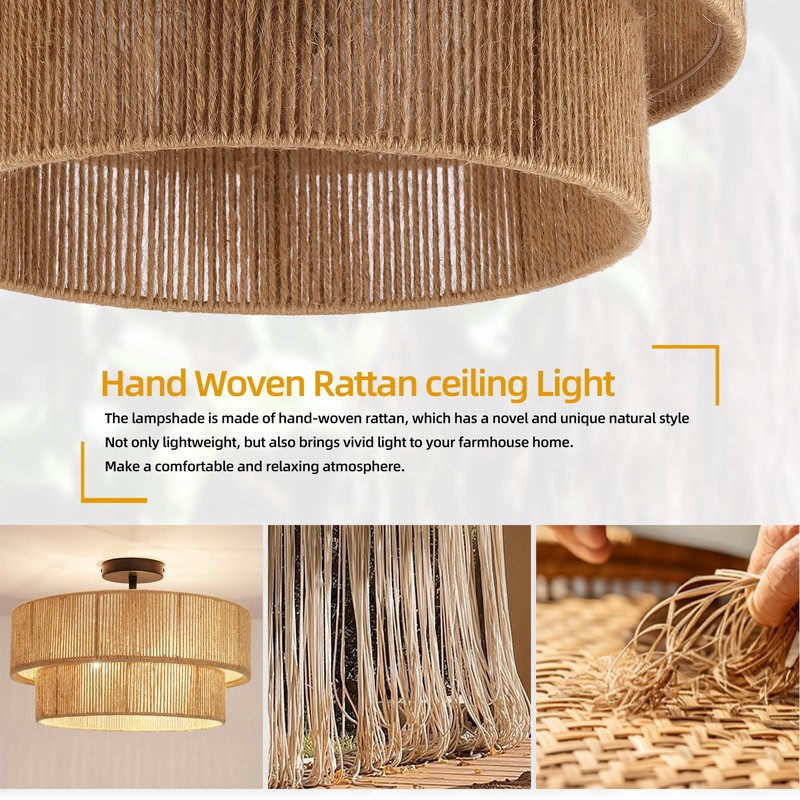 Fenluster Boho Semi Flush Mount Ceiling Light Rattan Ceiling Light