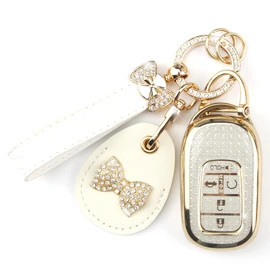 Rayslesan Key Fob Cover with Leather Holder Compatible with Airtag/RFID,Compatible with Honda Accord Civic 2022-2025 Honda HR-V CR-V 2023-2025,RFID Protector,Car Key Accessories(5-Button, Gold White)
