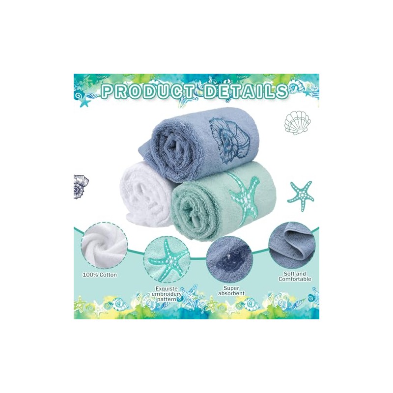 Hahafelt 3 Pack Coastal Hand Towels - 100% Cotton Beach