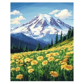 Paint by Number Mt Rainier, National Park Paint by Number for Adults, Mount Rainier Wall Art, Snow Mountains Landscape Acrylic Painting, Washington Home Decor - Forest Wildflowers(16x20inch, No Frame)